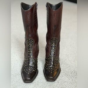 Stuart Weitzman Chocolate Brown Studded Leather Heeled Cowboy Boots